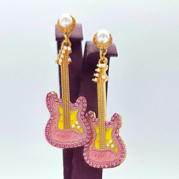 Karden Lane Pink Rhinestone & Enamel Guitar Pearl Gold Dangle Pierced Earrings - Picture 4 of 10
